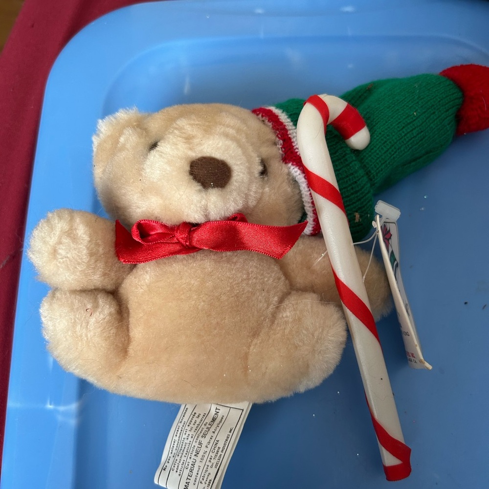 Vintage Joelson Tan Bear Plush 5 Inch Christmas Candy Cane 1990